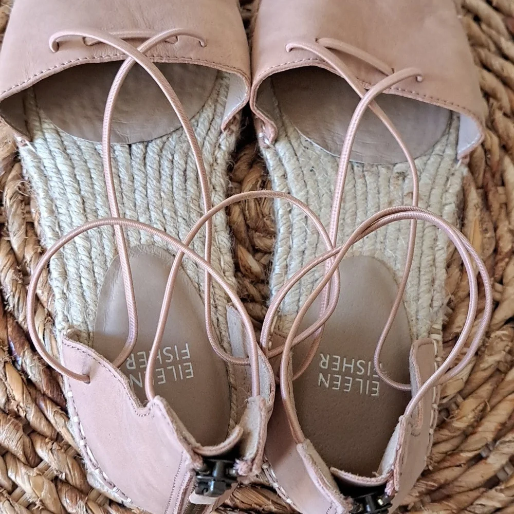 EILEEN FISHER Womens Nude/Blush Leather Elastic Lace Espadrille Wrap Sandals 7.5